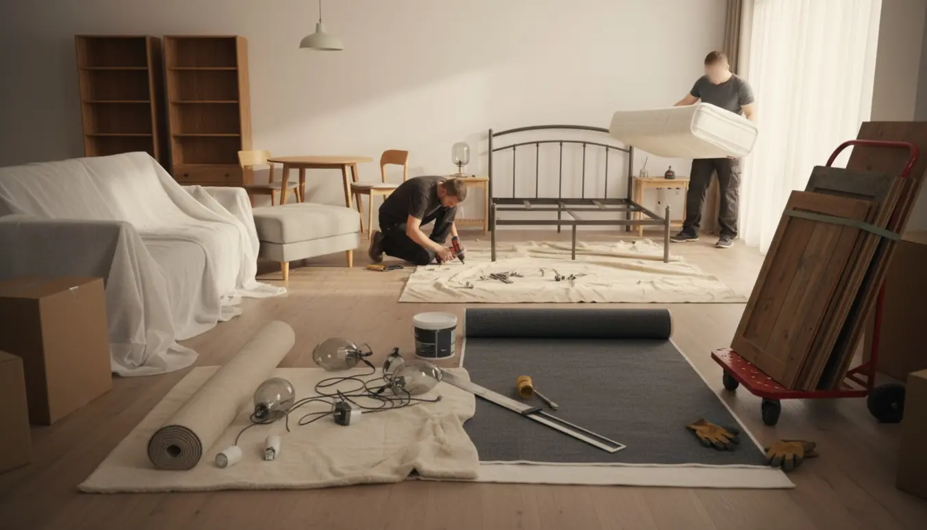 Lyst stueområde med delvist afmonterede møbler, ruller vinyl og tæppe samt stablede træplader klar til fjernelse.