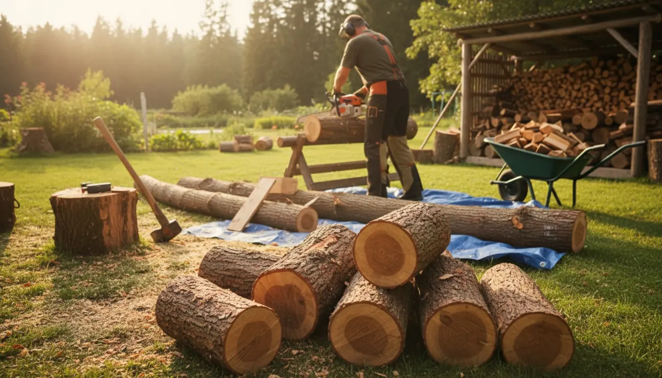 Frisk savet brænde i ca. 45 cm stykker stablet i haven, mens en person saver i baggrunden.