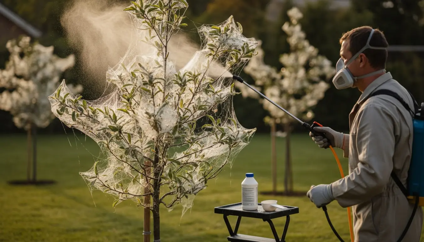 Gartner sprøjter træer i en have med biologisk insektmiddel mod spindemøl, tæt på silkeagtige webs.