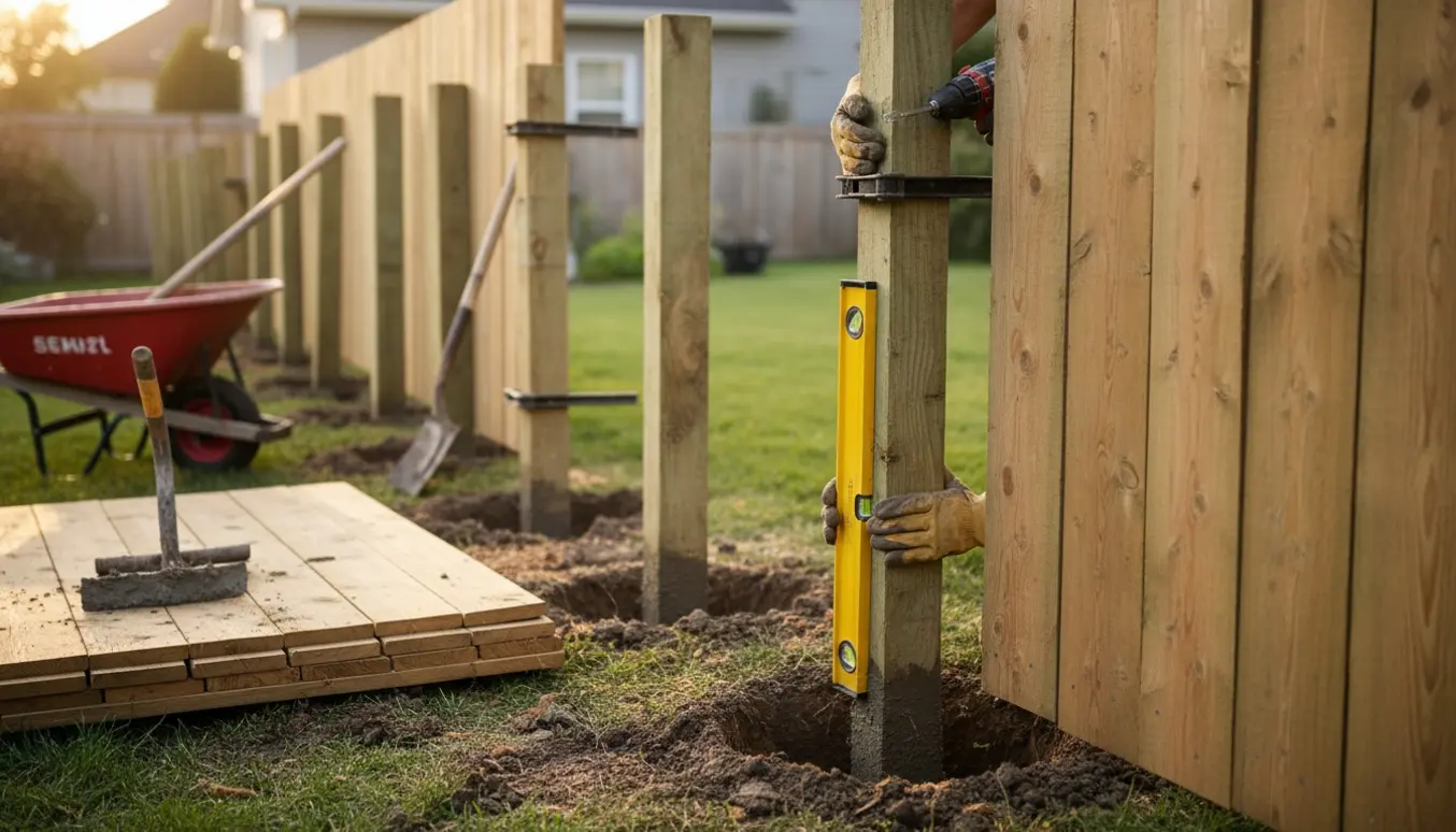Otte træhegnspaneler og stolper sættes i jorden i en baghave med værktøj og våd beton.
