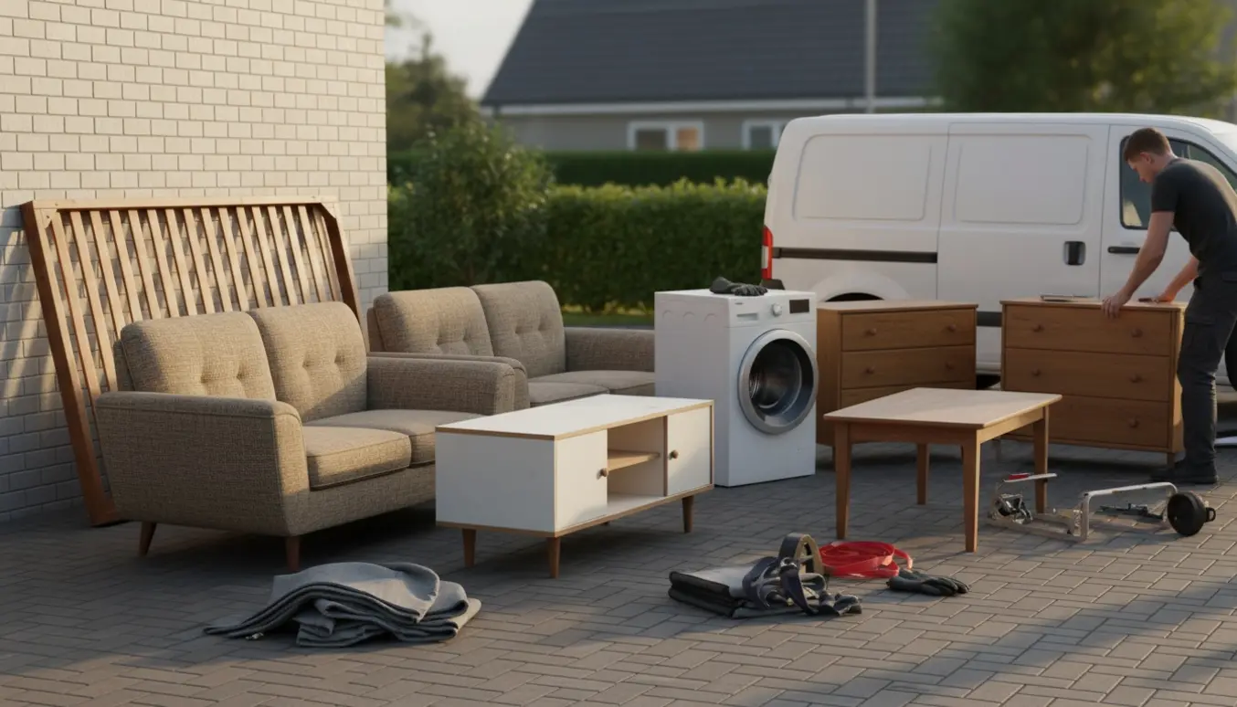Brugte møbler står samlet ved indkørslen klar til afhentning, mens to personer set bagfra læsser dem ind i en varevogn.