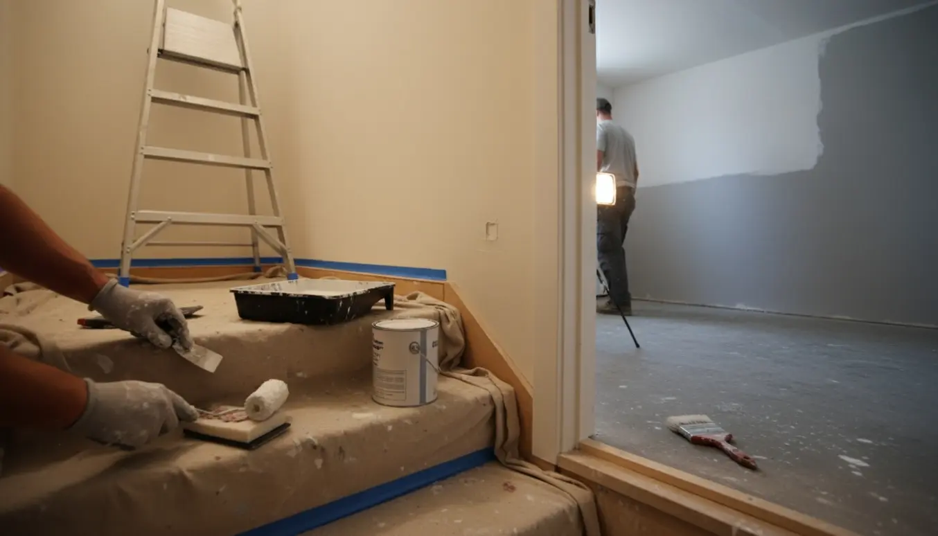 En maler fylder små huller og maler vægge og loft i en trappeopgang med et åbent kælderrum på cirka tyve kvadratmeter.