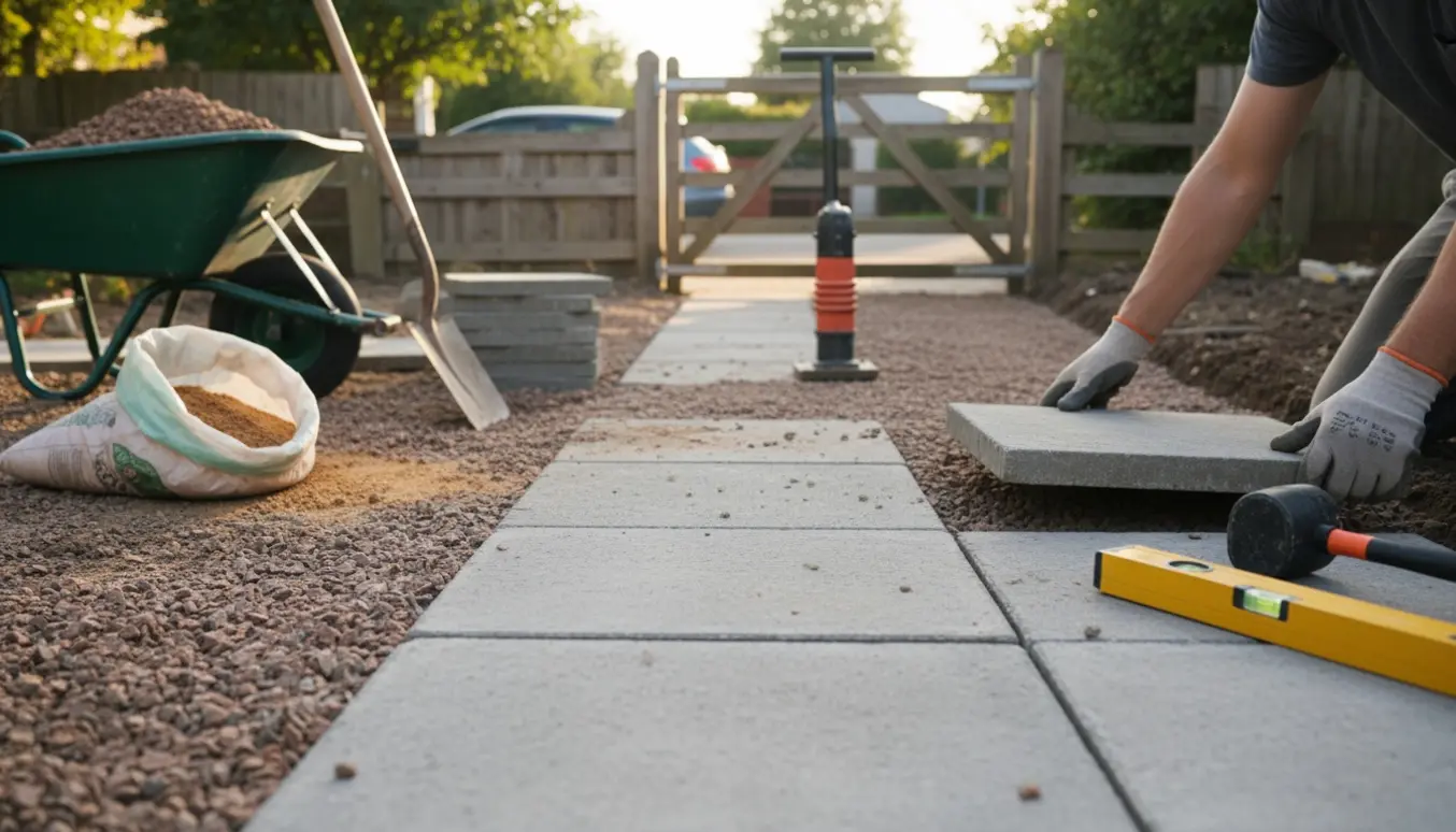 Delvist færdig havegang fra vej til havelåge med grusbund, firkantede fliser og værktøj i forgrunden.