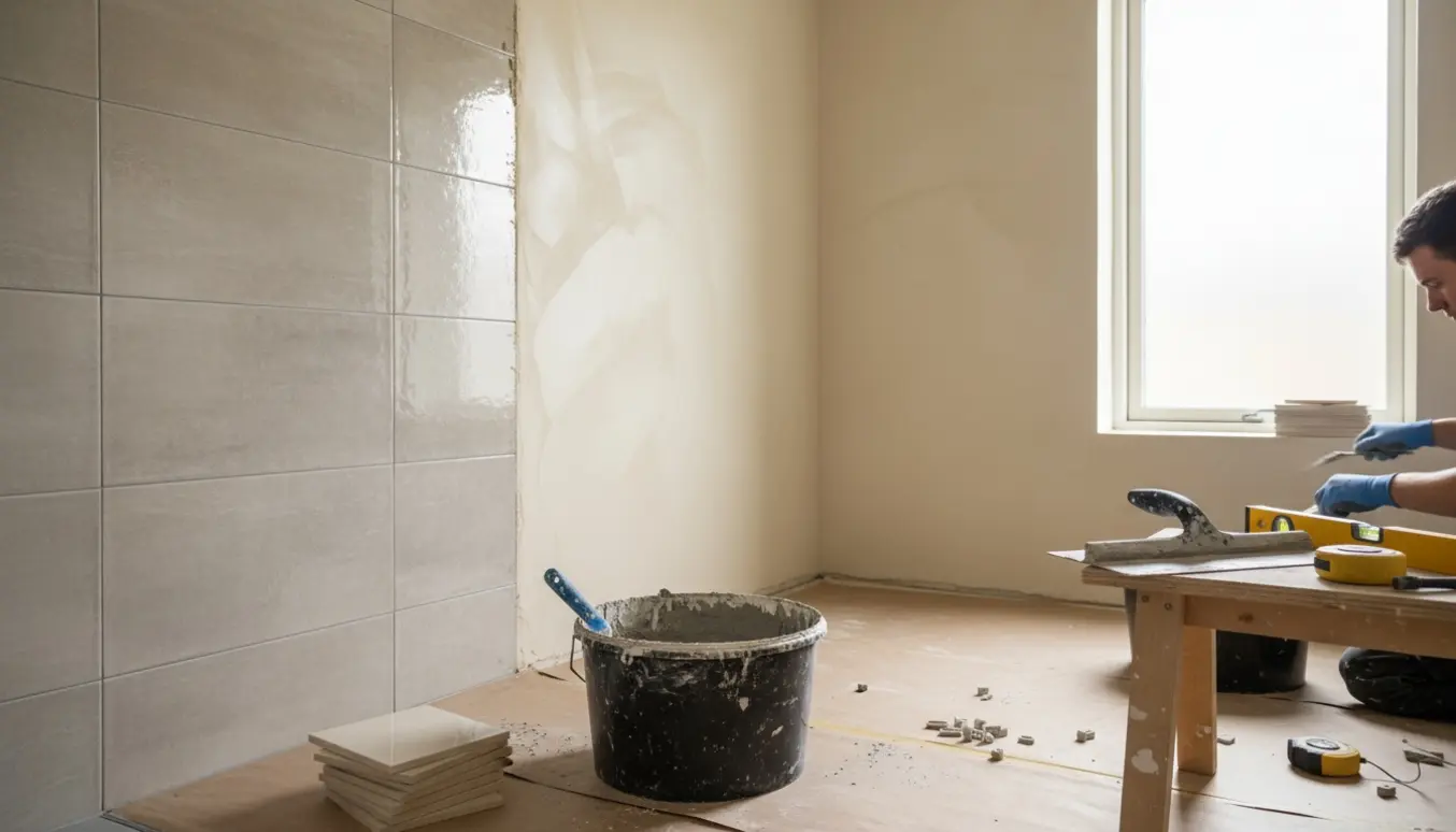 Badeværelse under renovering med vandskuret væg, delvist nye fliser og værktøj.