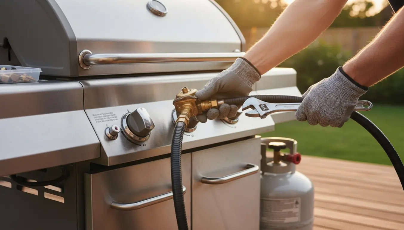 Nærbillede af hænder i handsker, der udskifter en gasregulator på en stor rustfri gasgrill på en solrig terrasse.