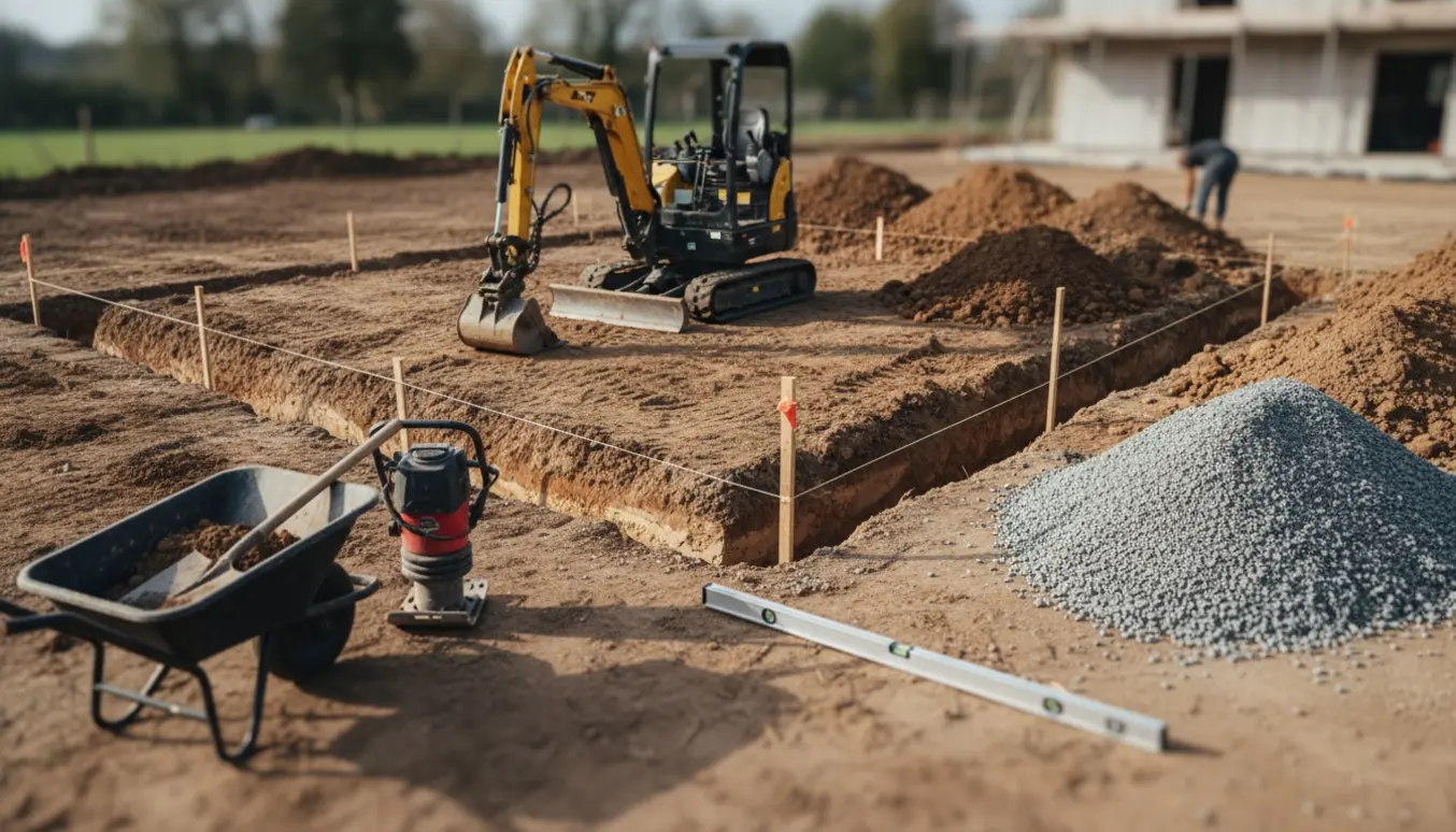 Udgravning til fundament med rende rundt om et rektangulært byggeareal, jordbunker og værktøj.