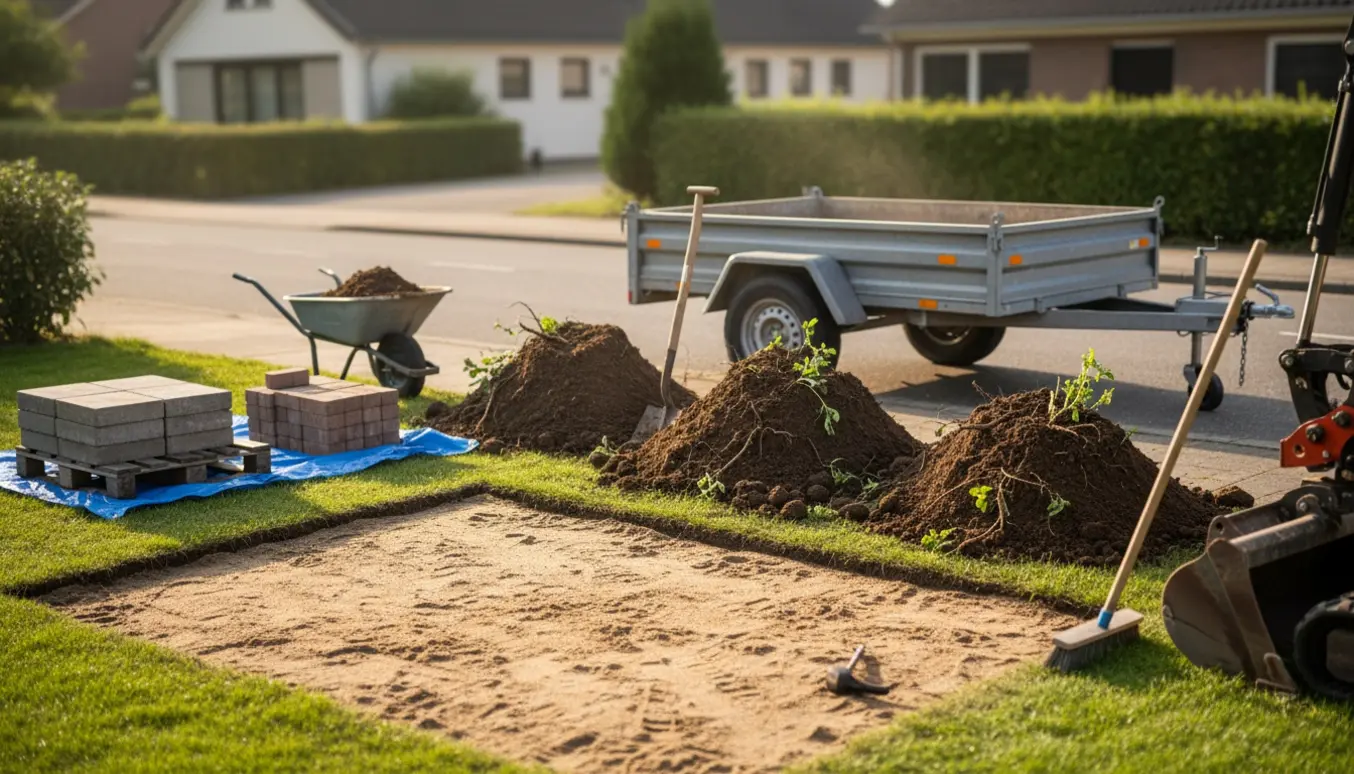 Bunker af jord med synlige rødder og stakkede fliser ved fortovet klar til bortkørsel.