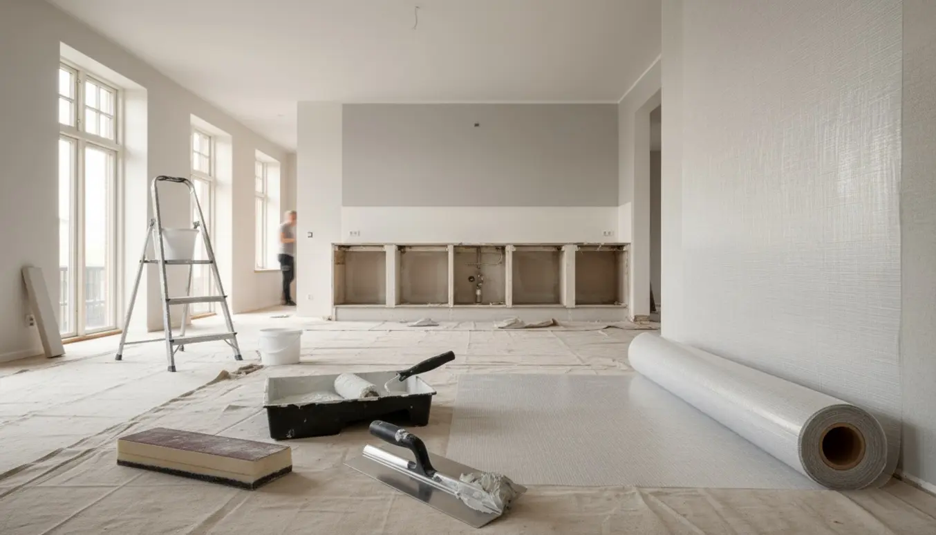 Åben stue/spisestue/køkken-alrum under renovering med nymalede vægge, glasfilt og værktøj på afdækning.
