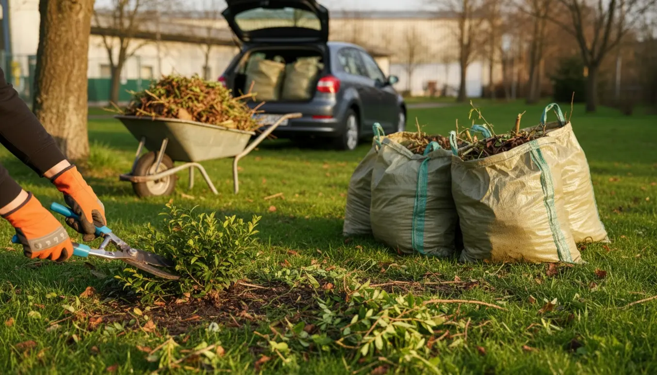 Havesække med grene og afklip bliver samlet og læsset i bilen klar til genbrugsstationen.