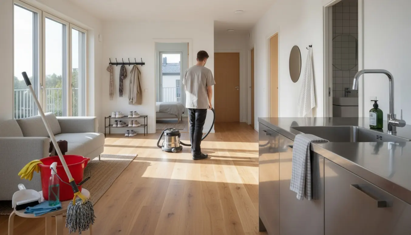 Rengøringshjælper ses bagfra støvsugende i en lys, moderne lejlighed med moppe, spand og rengøringsudstyr synligt.