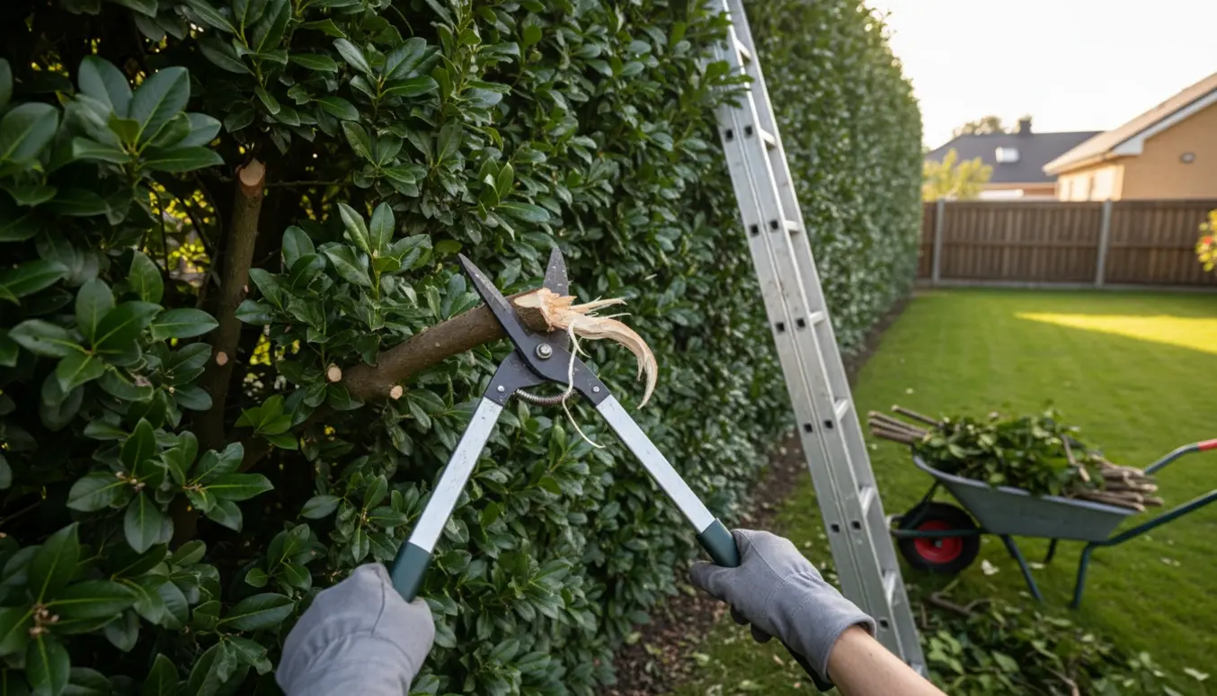 En høj kirsebærlaurbærhæk klippes med en kraftig grensaks ved en stige, og afklip ligger i en trillebør.