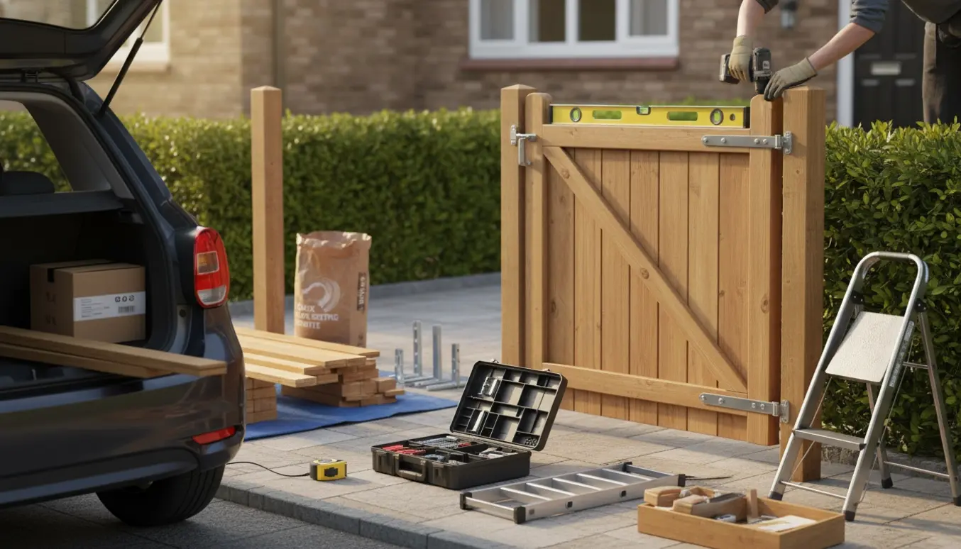 En ny træhavelåge under opsætning i forhaven med værktøj og byggematerialer.