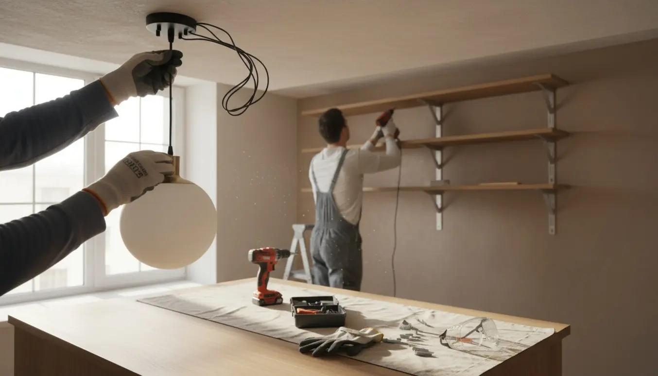 Hænder tager en loftlampe ned og fjerner reolhylder i en lys, ryddelig stue.
