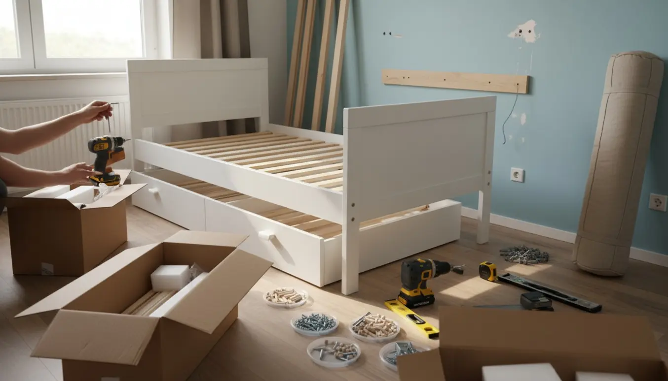 Delvist samlet Ikea SLÄKT-seng i et soveværelse med værktøj og hænder, der monterer rammen og fjerner en vægskinne.