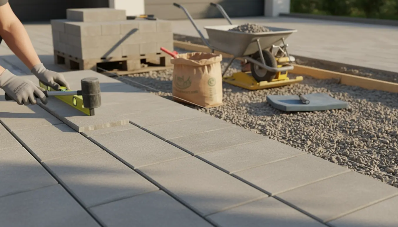 Nærbillede af lægning af 30x60 cm fliser ved en udgravet indkørsel med stak fliser, grus og værktøj.