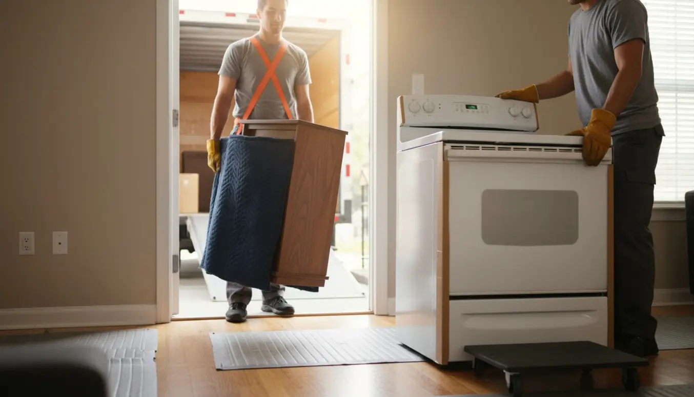To flyttemænd bærer en høj, smal skænk og et komfur gennem en dør mod en ventende flyttebil.
