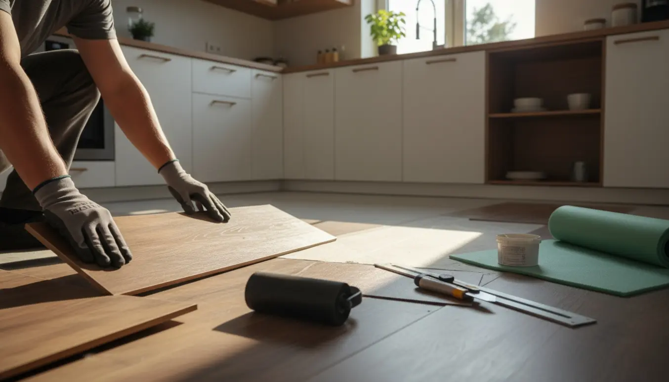 Nærbillede af hænder, der lægger vinylgulv i et lyst, moderne køkken.