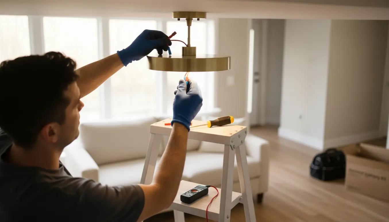 Elektriker på en stige monterer en loftlampe i en stue med fokus på hænder og værktøj.