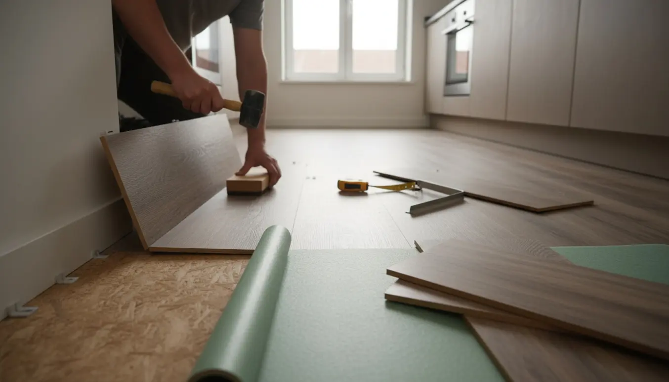 Hænder monterer vinyl klikgulv i et kompakt køkken med tappingblok, gummihammer og afstandsstykker.