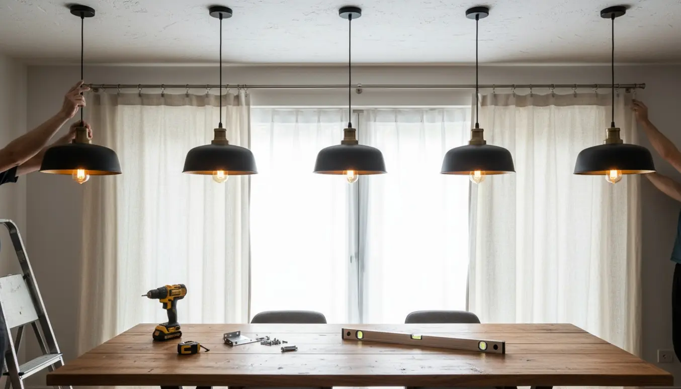 Fire ophængte pendellamper over et spisebord og en nymonteret gardinstang med gardiner, værktøj i forgrunden.