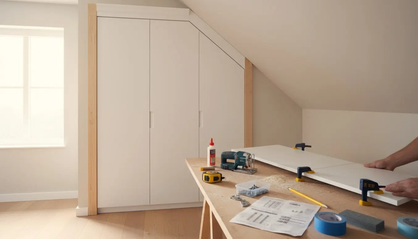 Indbygget hvid garderobe under skråloft, hvor en låge bliver tilpasset med en stiksav og værktøj omkring.
