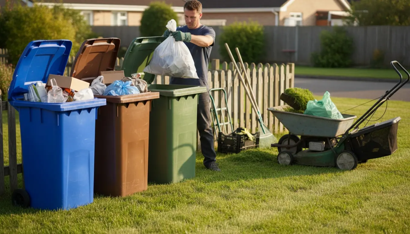 Person set bagfra tømmer kommunale affaldscontainere og klipper en nyslået græsplæne med trillebør fuld af grønt affald.