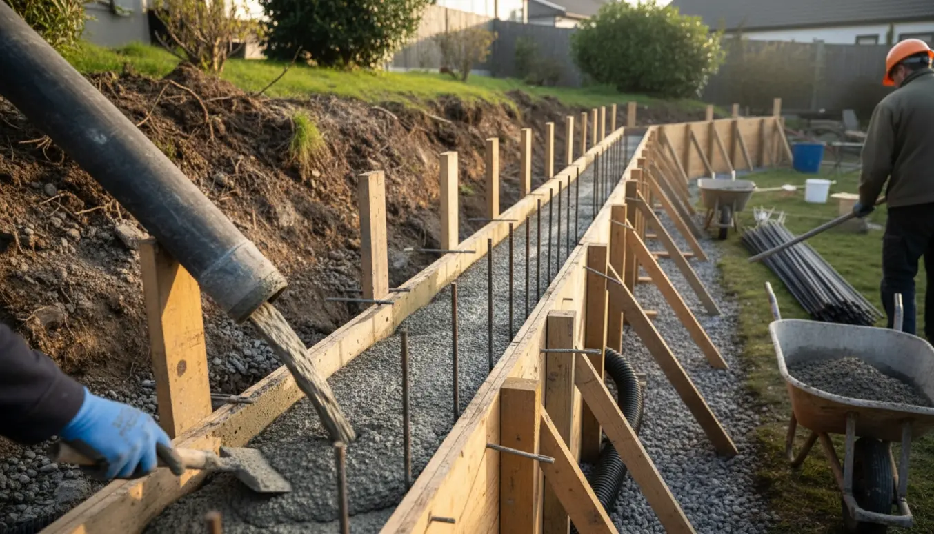 Byggeplads hvor en beton støttemur støbes i en have med formbrædder, armering og våd beton.