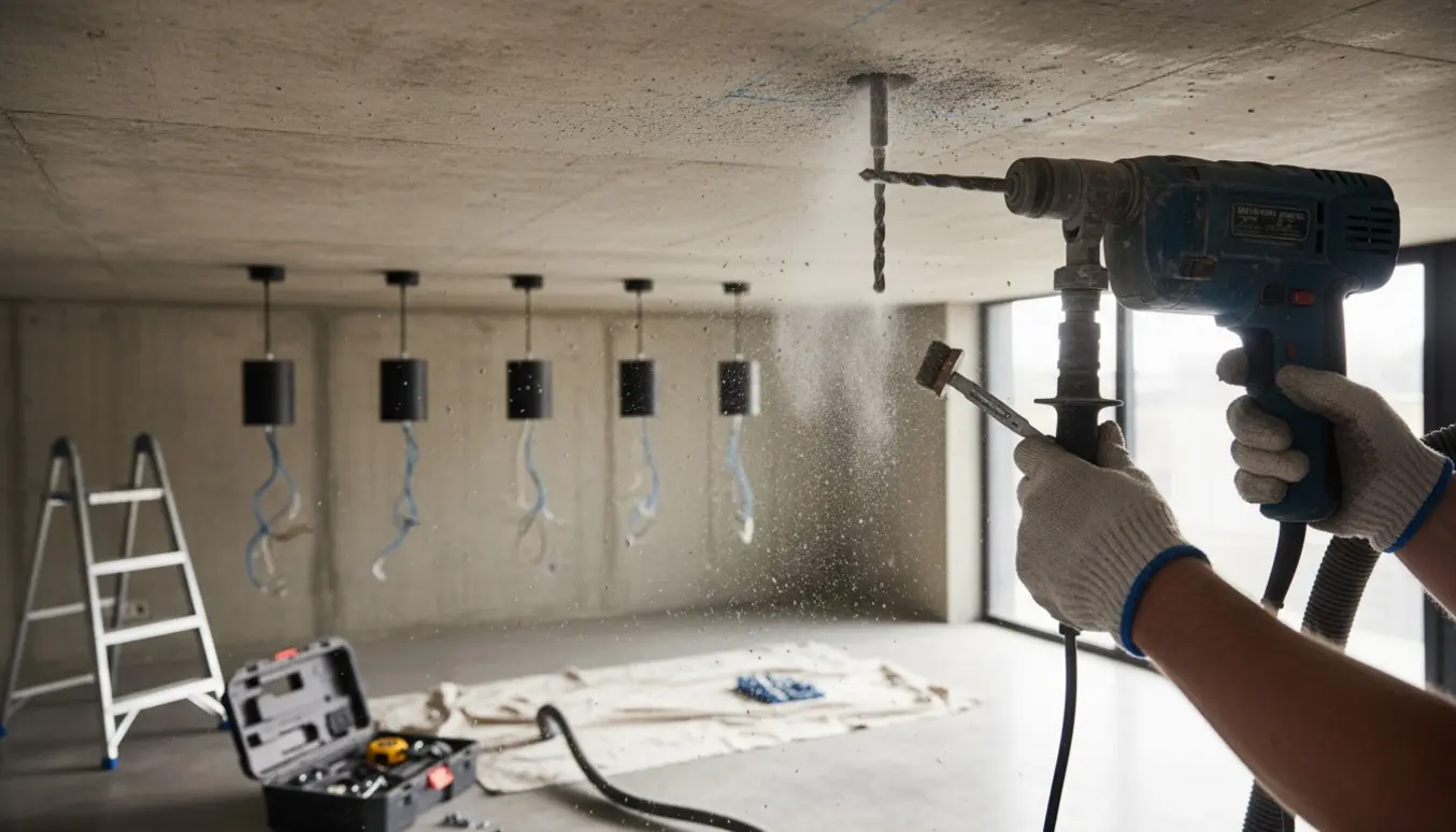 Nærbillede af en hånd i handske, der borer i hård beton for at ophænge lamper med fem pendler i baggrunden.