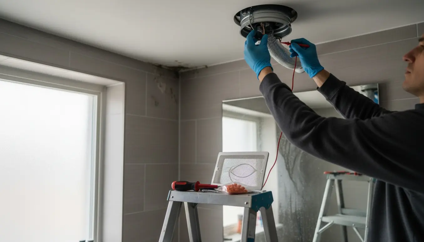 Arme og værktøj ved en åben udsugningsventil i et badeværelse med dugget spejl.