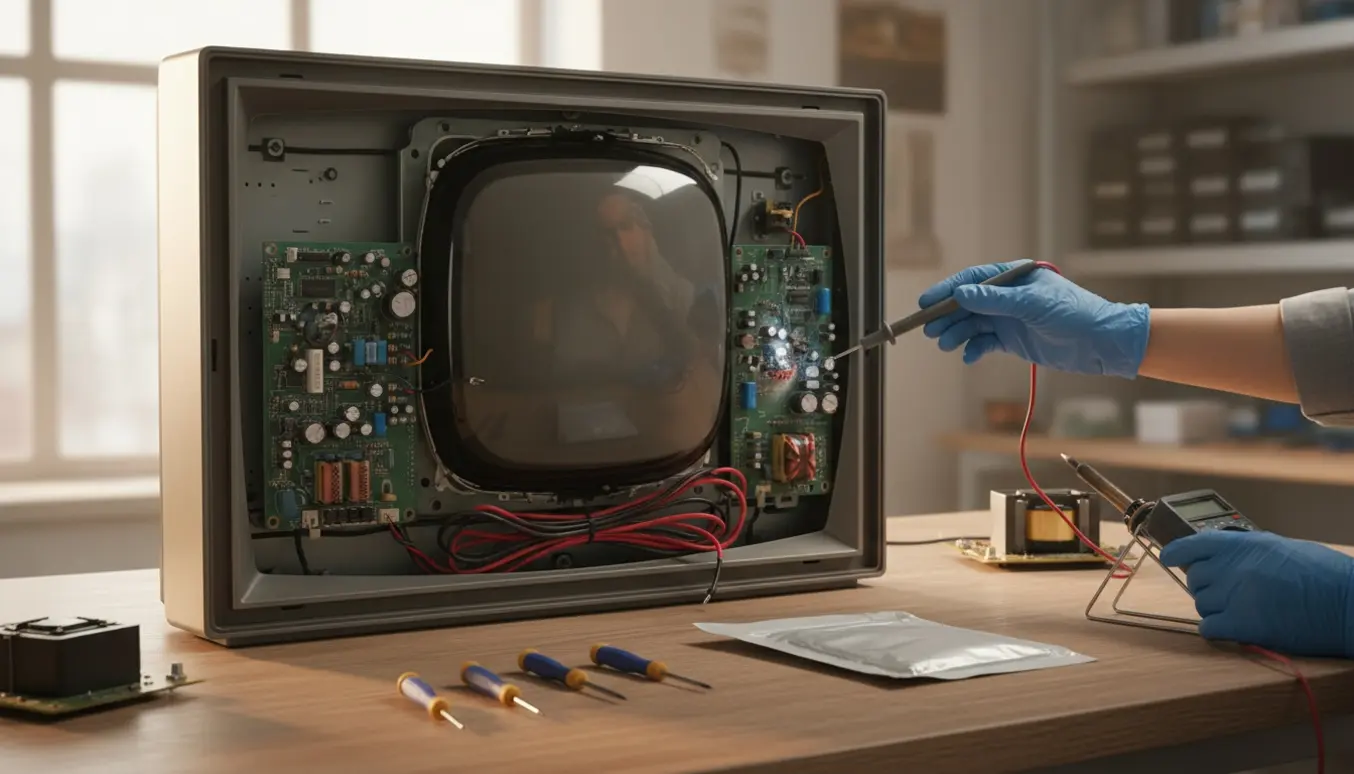 Tekniker undersøger en ældre TV med sort skærm og åben bagbeklædning på et ryddeligt værksted.
