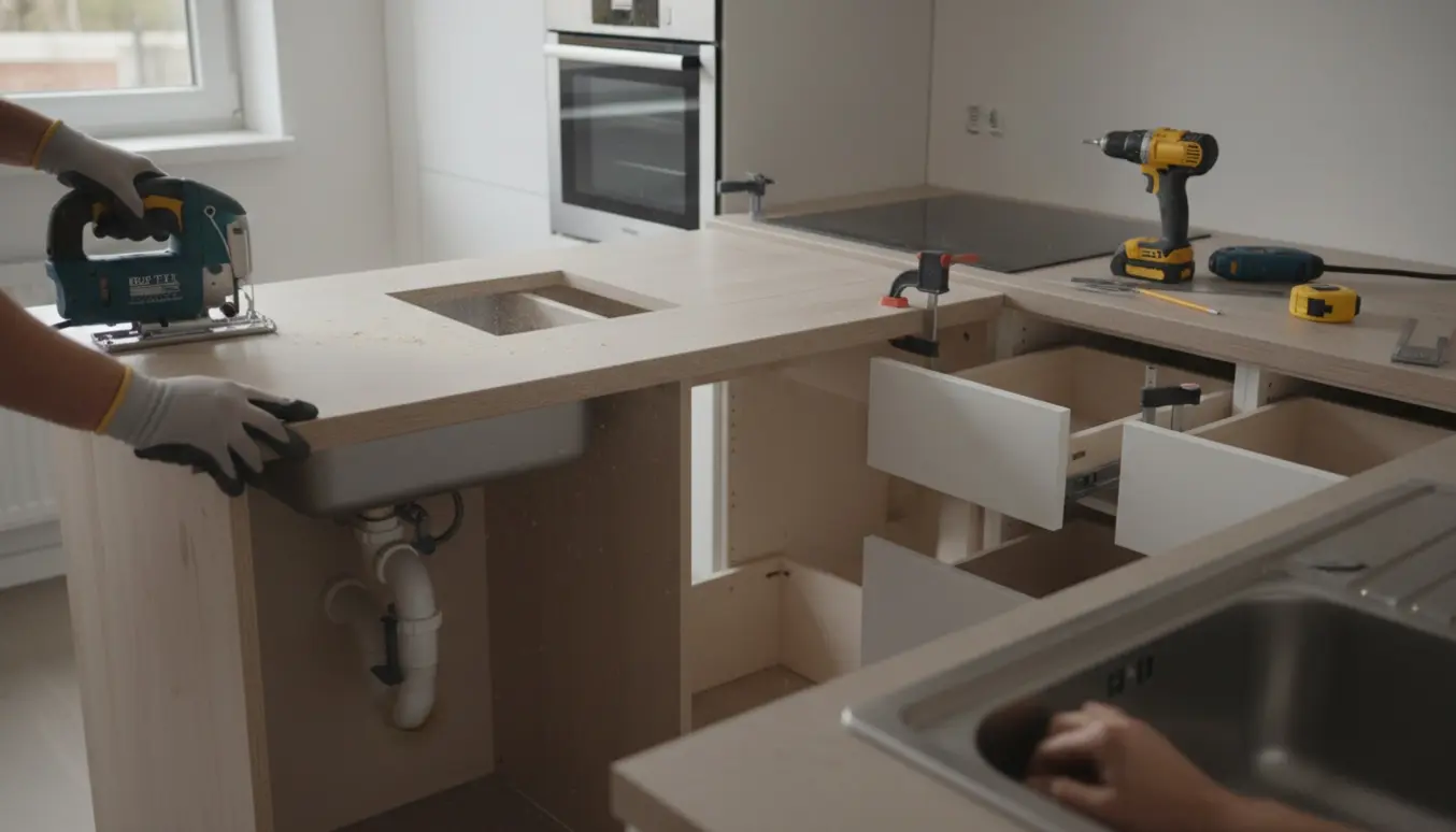 Detaljeret foto af en lille køkkenø under montering med indbygget kogepladeudskæring, skuffeskabe og afløbsvinkel under vasken.