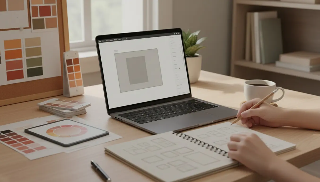 En laptop viser en tom slide i et præsentationsprogram på et ryddeligt skrivebord med farveprøver og skitser.