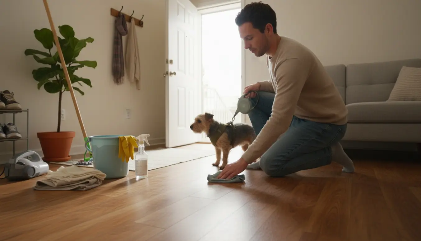 Person uden synligt ansigt gør rent i en lille lejlighed og holder snoren, mens en lille hund står ved den åbne dør.