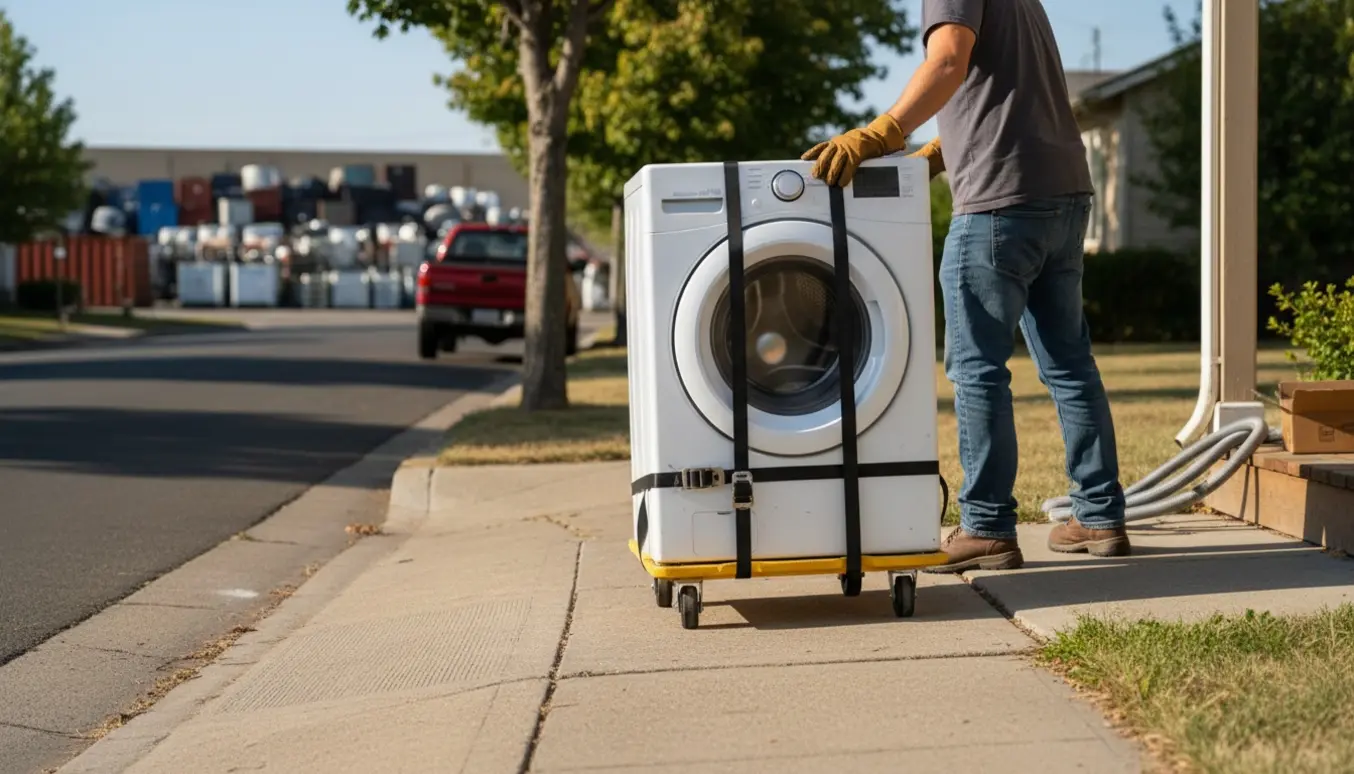 En vasketøjsmaskine på en møbelvogn på vej langs en boligvej mod et genbrugscenter.