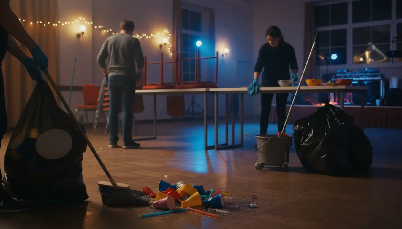 To hjælpere rydder op i en tom festsal med kosteskovl, sæk, moppe og sammenlagte stole.