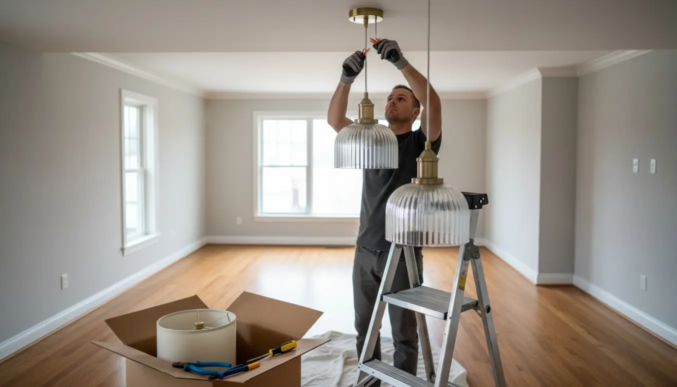 Hænger en moderne pendellampe op i en ny stue med stige og værktøj.