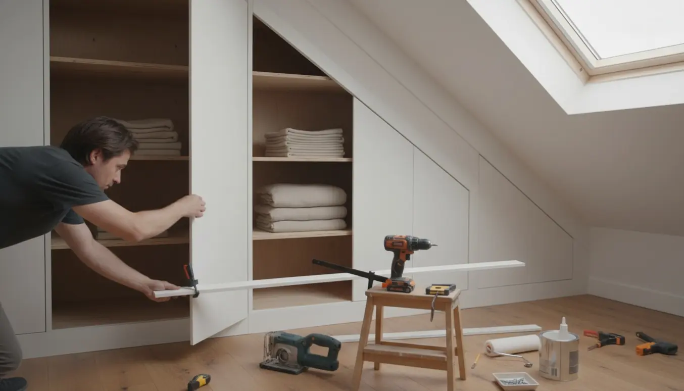 PAX-inspireret garderobe tilpasset en skråvæg med MDF-ramme og værktøj ved siden af.