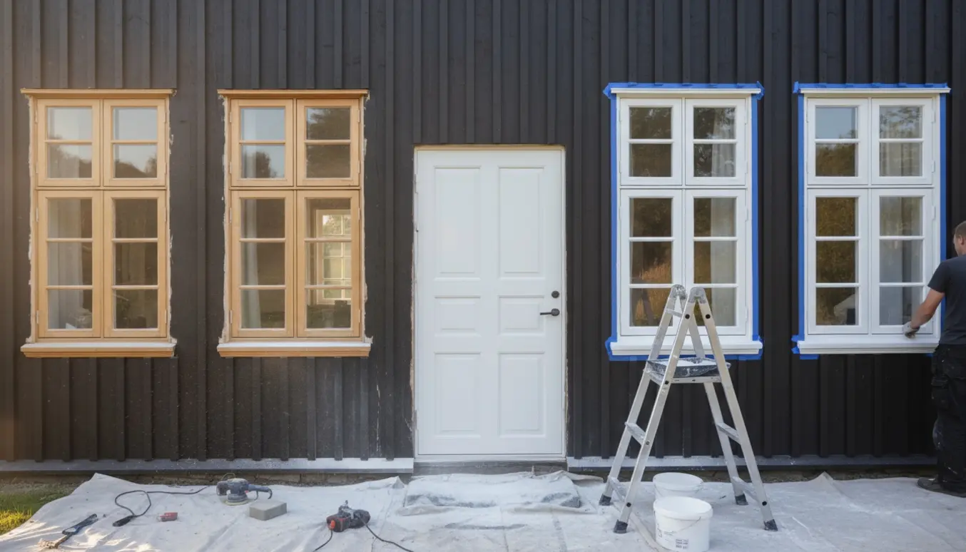 Hænder sliber og maler otte dannebrogsvinduer og en hoveddør hvide.