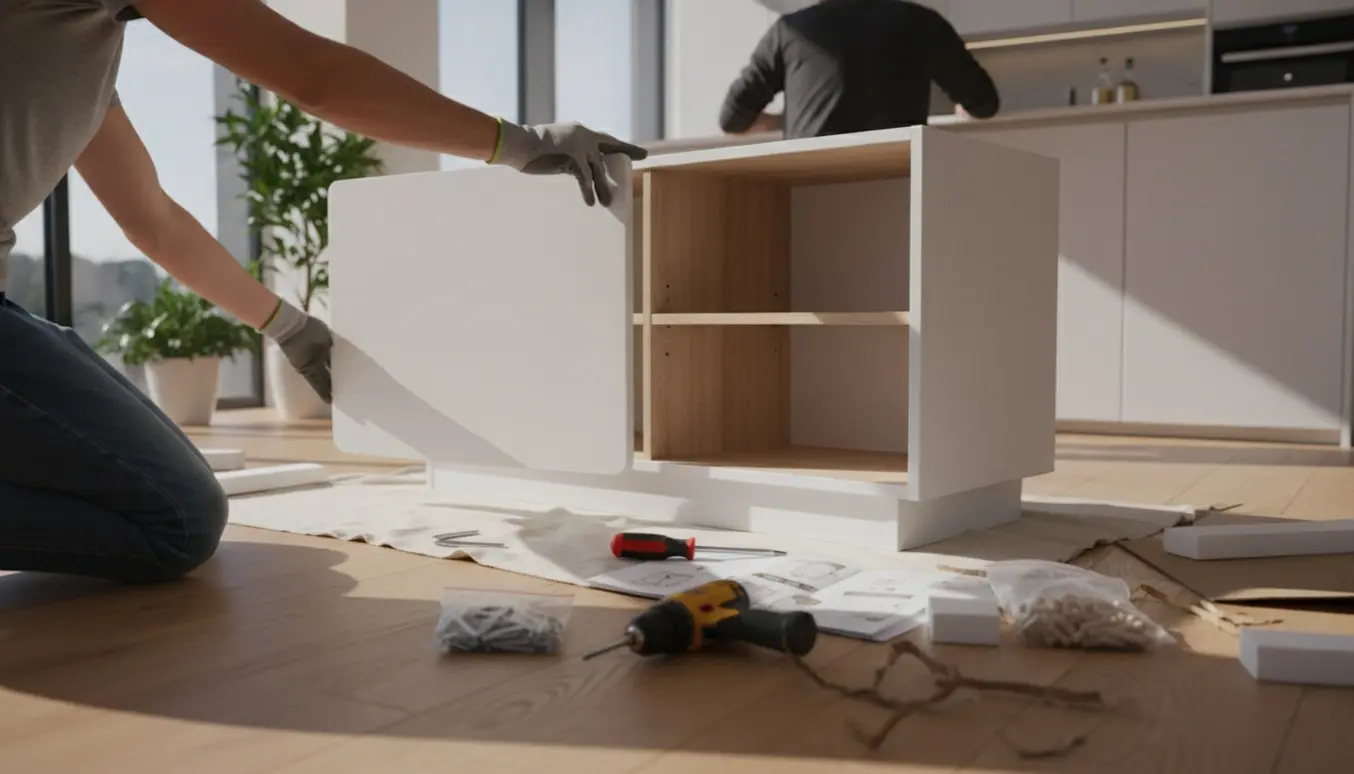 To personer samler en lille hvid skænk i et lyst køkken med værktøj og manual på gulvet.