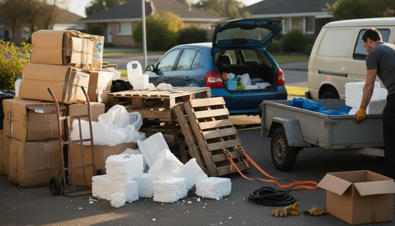 Indkørsel med sammenstablede papbundter, træpaller og flamingo- og plastaffald klar til afhentning.