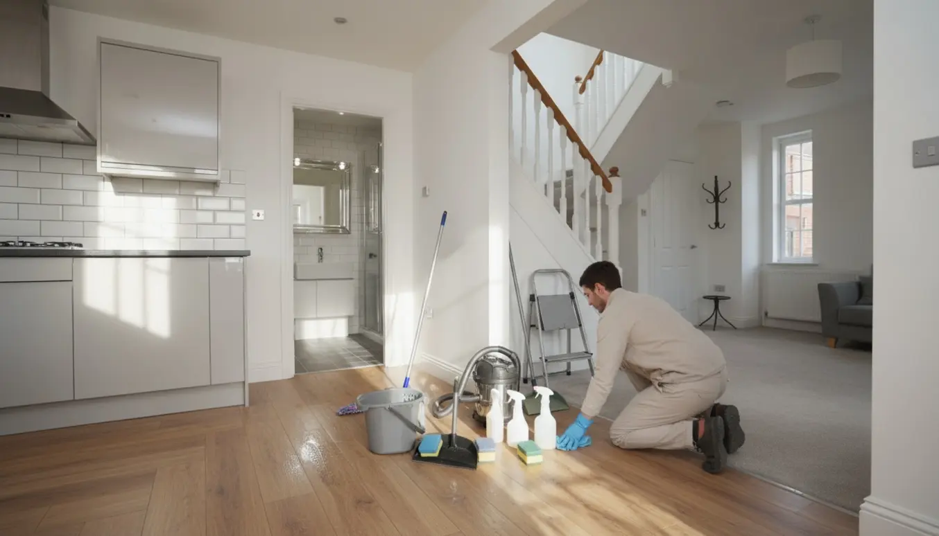 Solbeskinnet rækkehus under slutrengøring med rengøringsspand, støvsuger og en person i handsker, der pudser lister.