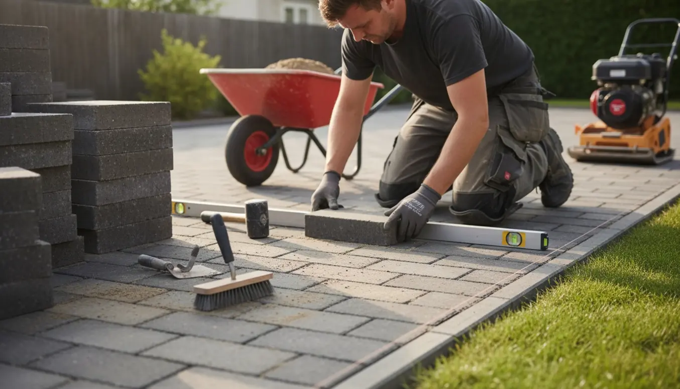 En brolægger omlægger store kvadratiske fliser i en indkørsel med professionelle værktøjer.