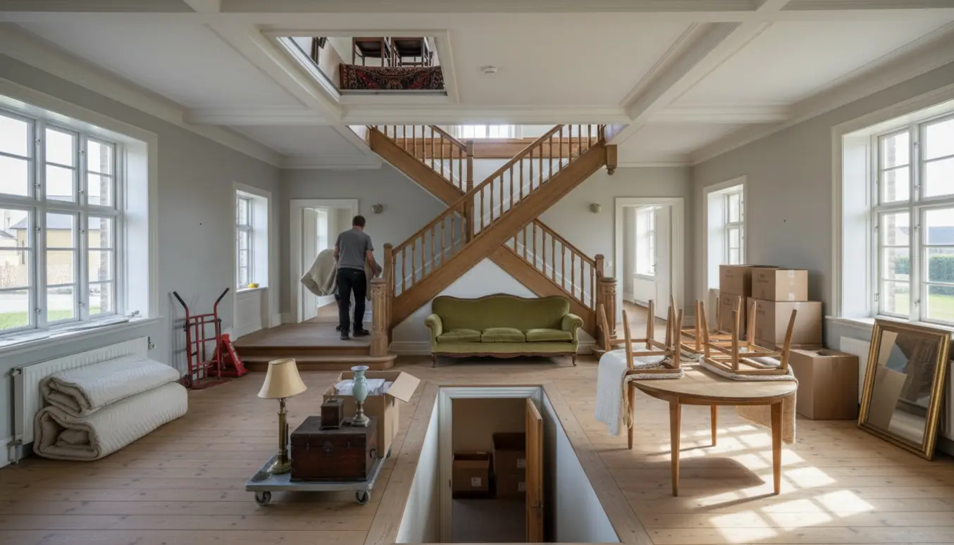 Delvist tømt ældre villainteriør med flyttekasser, få tilbageværende møbler og åben trappe til kælderen.