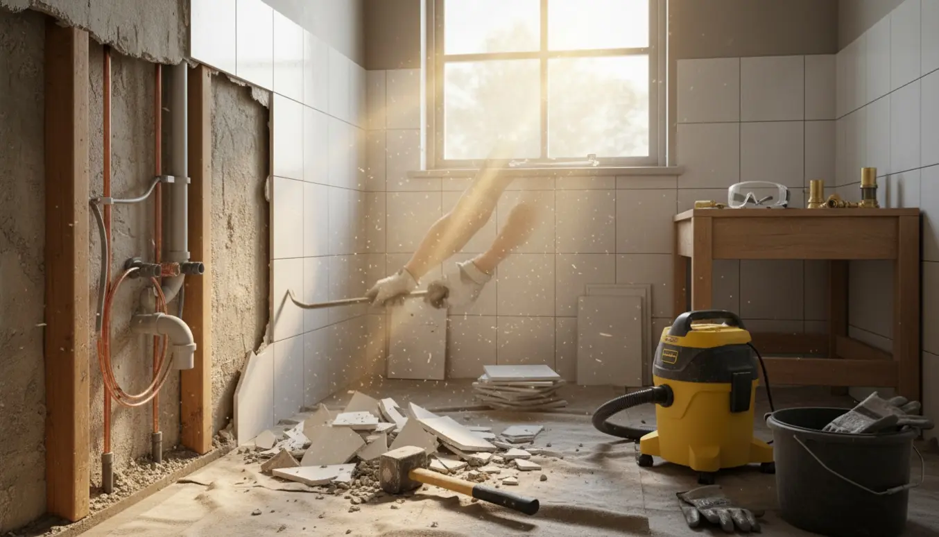 Nedrivning af et lille 6 m² badeværelse med eksponerede rør, bunker af fliser og håndværktøj.
