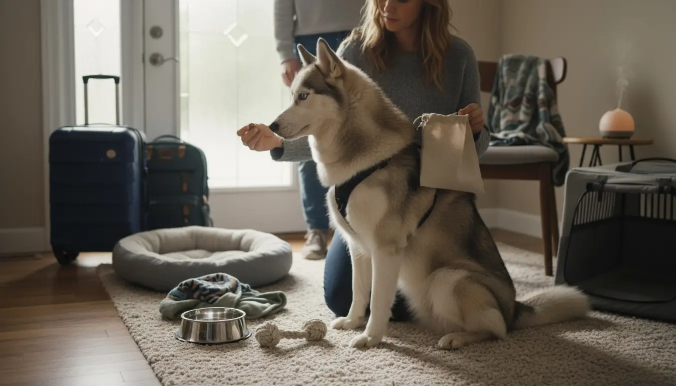 Ro og tryg overgivelse af en husky til en dyrepasser ved entreen med kuffert og hundeudstyr klar.