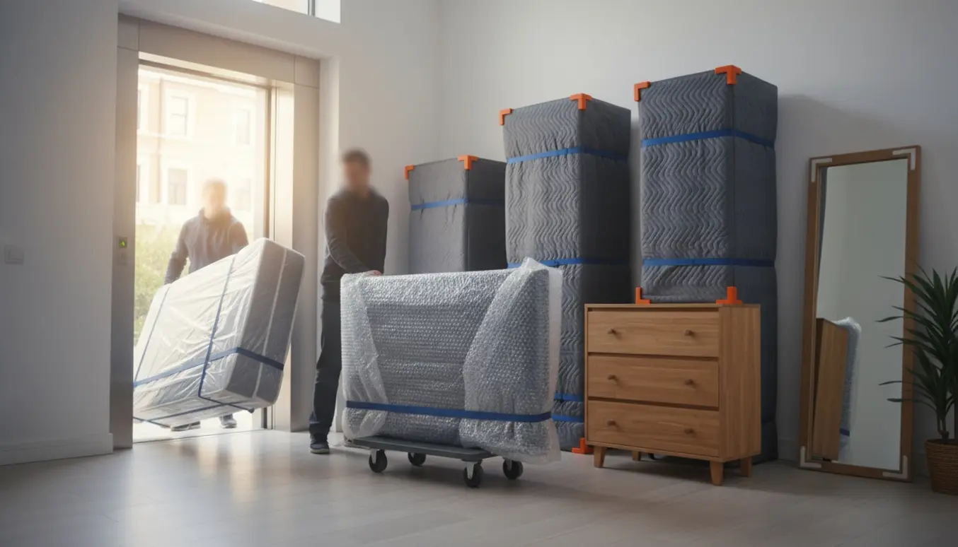 Flyttefolk manøvrerer seng, kommoder, klædeskabe, et stort TV og et højt spejl ind i en lejlighed via elevatoren.