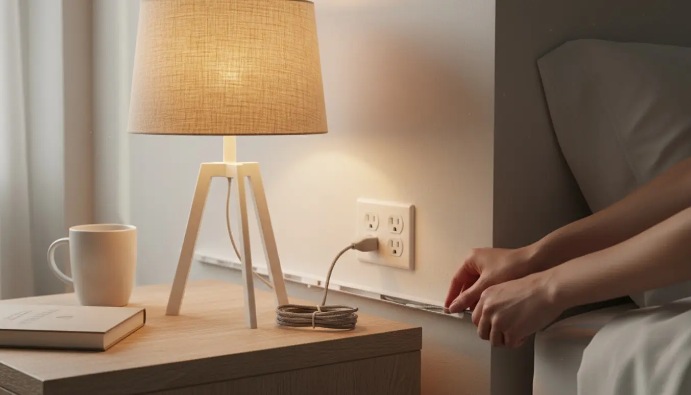 Hænder monterer en bordlampe med kort ledning ved at fastgøre en forlængerkabel og skjule ledningen langs fodlisten.