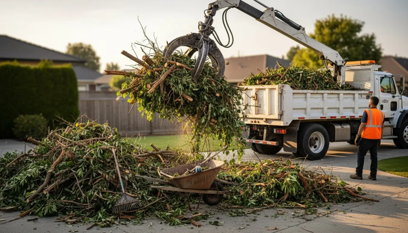 En lastbil med grab løfter en stor bunke grene og haveaffald i indkørslen.