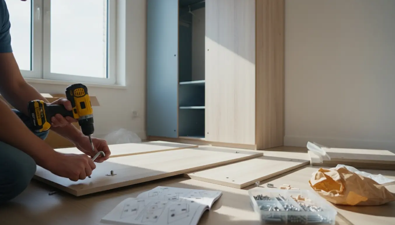 To klædeskabe i forskellige samlingsstadier i et lyst værelse, hænder monterer en skabspanel med værktøj.