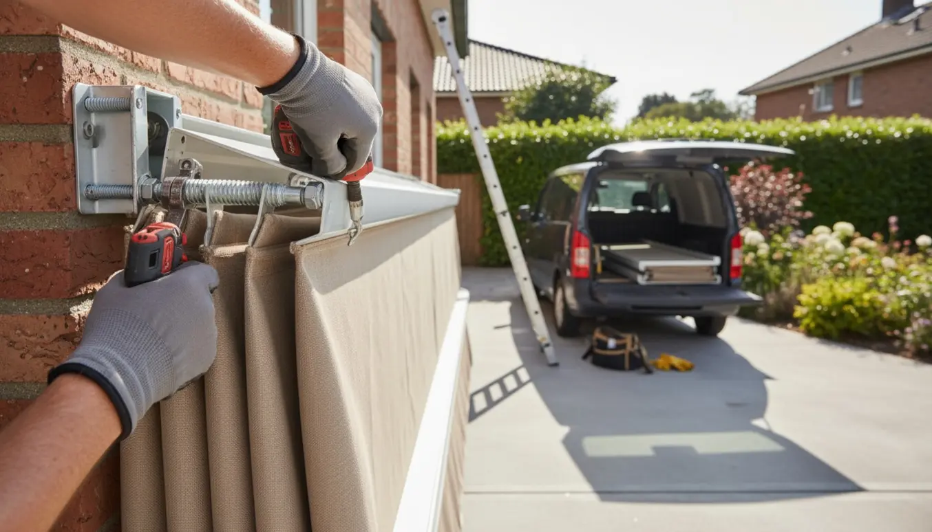 En markise bliver afmonteret fra husfacaden med stige, værktøj og sammenrullet stof på indkørslen.